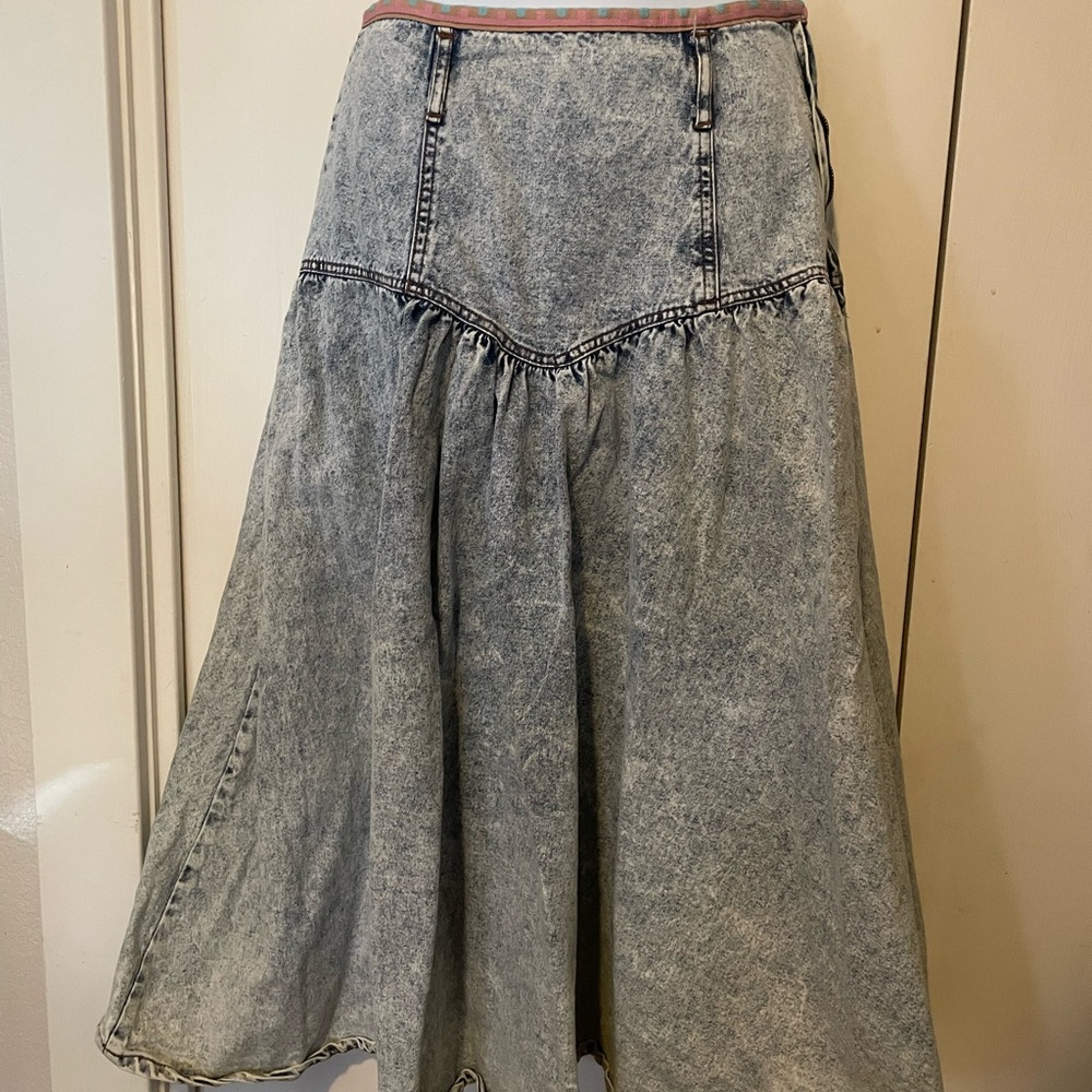 Vintage Denim acid wash Drop Waist A-Line Skirt knee length